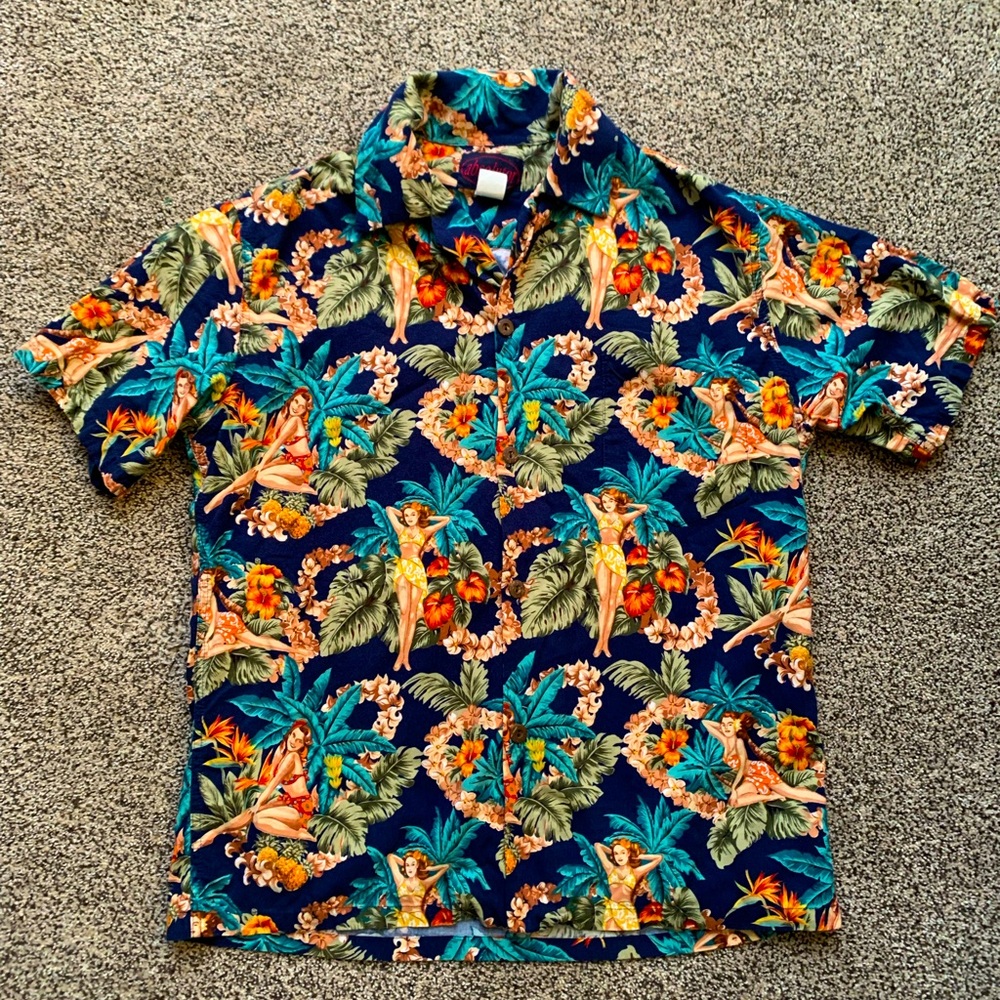 Vintage men’s Absolutor Hawaiian Aloha pinup girl hula shirt